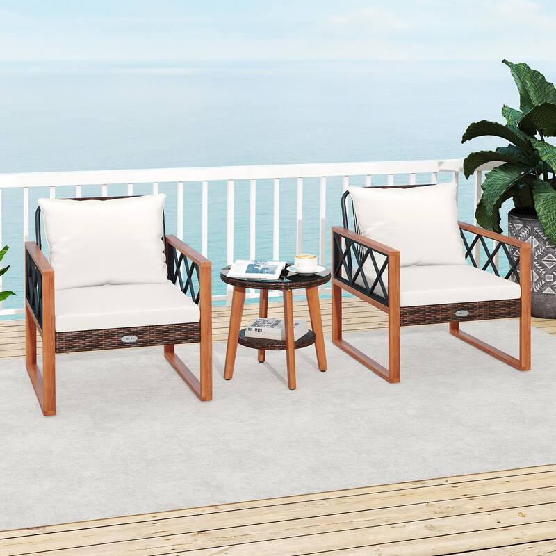 3-Piece Patio Conversation Set with Acacia Wood Table and Cushions Mix Brown Rattan Chairs - 28" × 26.5" × 31.5"