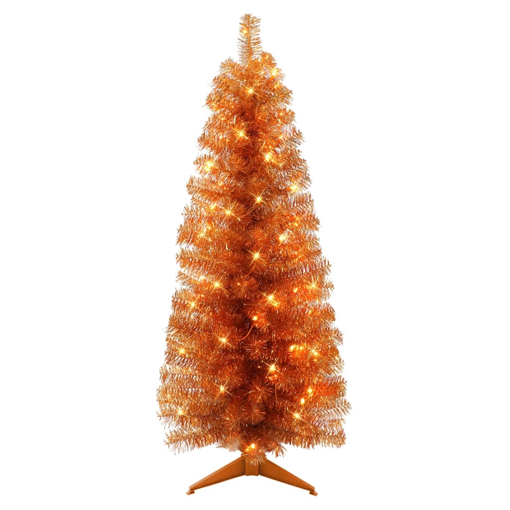 4.5' Pre-lit Orange Tinsel Slim Artificial Christmas Tree, Clear Lights - 4.5 Foot