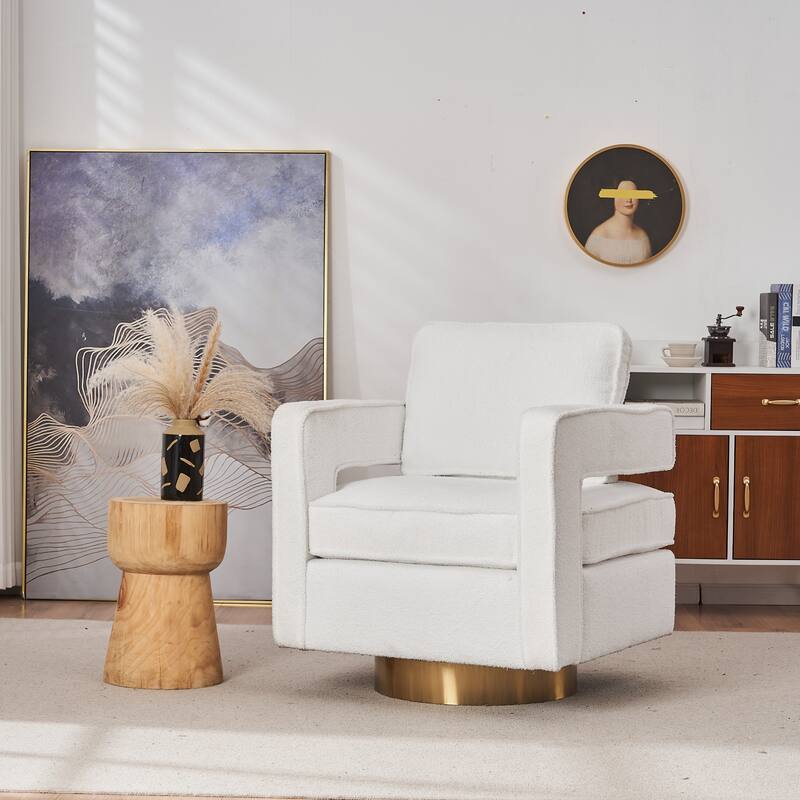 Ouyessir Modern Upholstered Swivel Accent Chair with Hollow-back & Golden Base - White