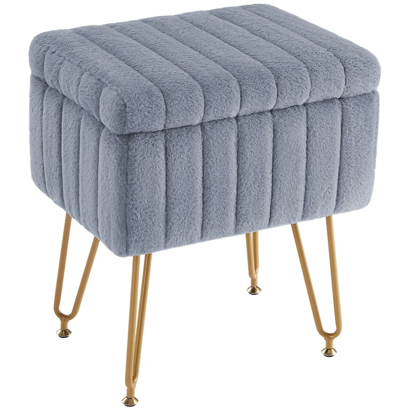 Modern Storage Ottoman Stool - Soft Makeup Chair with Metal Legs, Adjustable Feet - Grey