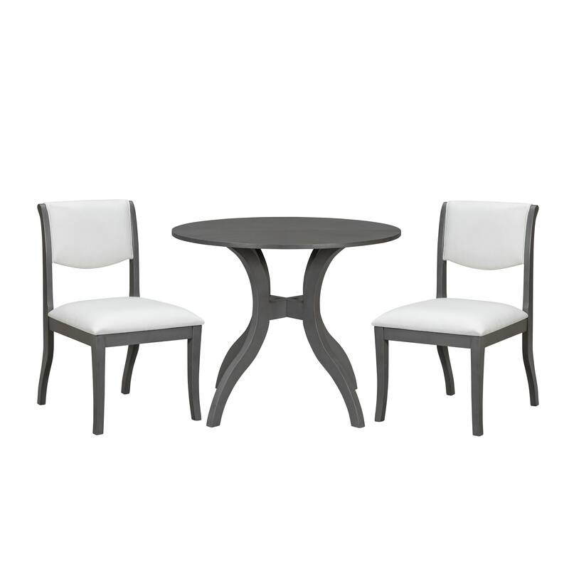 Dining Table Set:39.4" Round Table + 2 Chairs - Traditional Solid Wood Kitchen Set with Inlaid Tabletop, Elegant Curved Legs - Grey+White