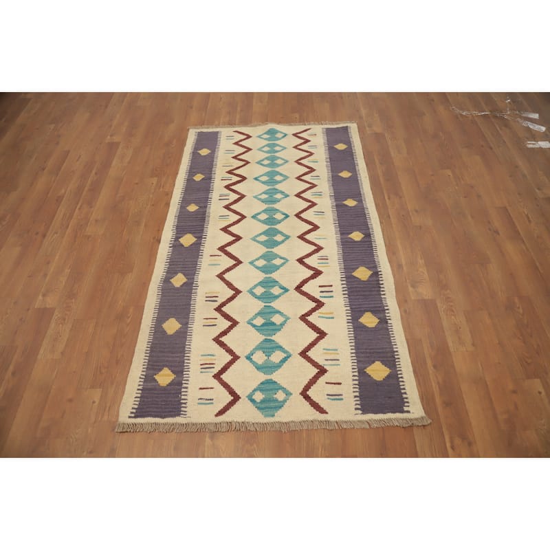 Hand Woven Oriental 100% Wool Carpet Southwestern Tribal Beige & Ivories Kilim Area Rug - 4' 10'' X 2' 10''