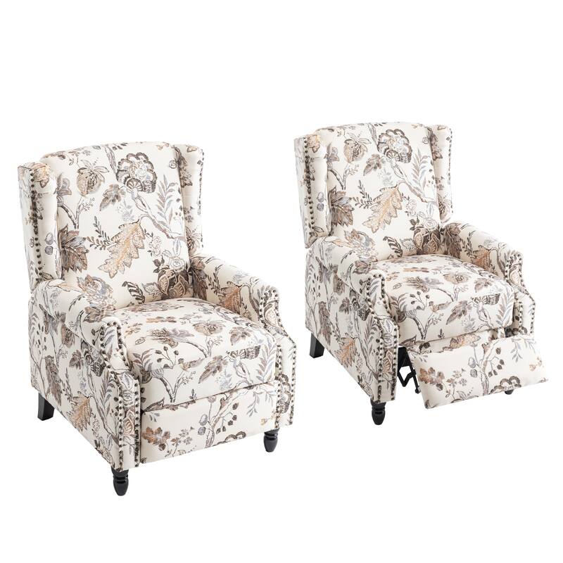 Floral Linen Manual Recliner Chair with Footrest set of 2