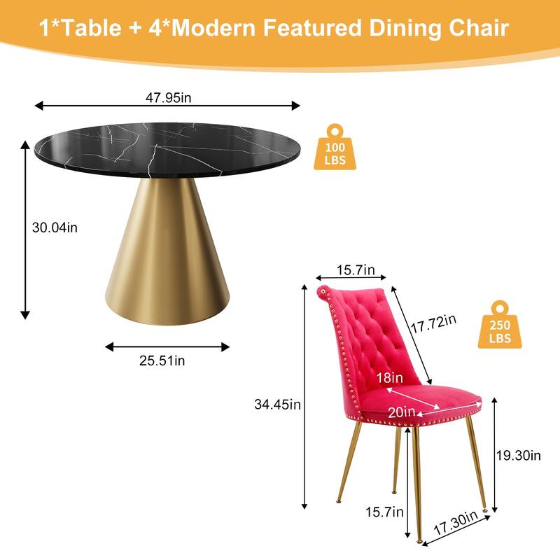 48" Marble Top Metal Dining Table with Velvet Dining Chair Set