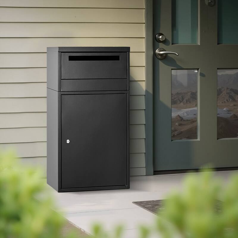 Black Galvanized Steel Parcel Delivery Box with Anti-Theft Design and Weatherproof Finish - 19.7 x 12.8 x 35.8 in