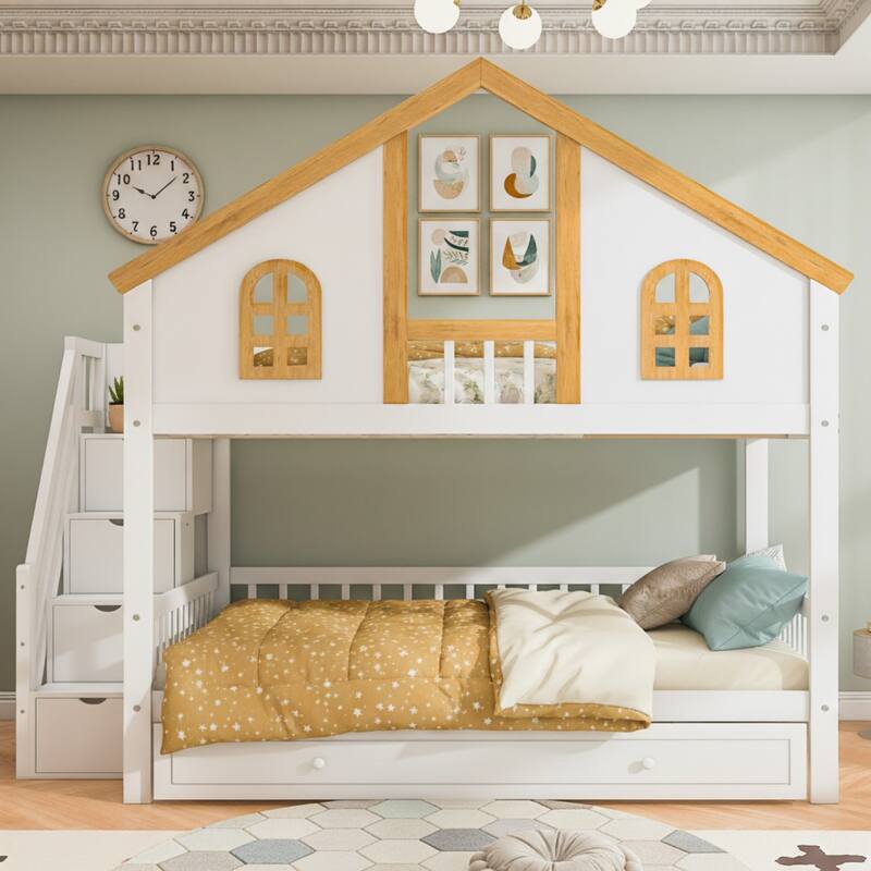 Wooden House Roof Bunk Bed with Trundle & Storage Staircase by Harper&Bright Designs