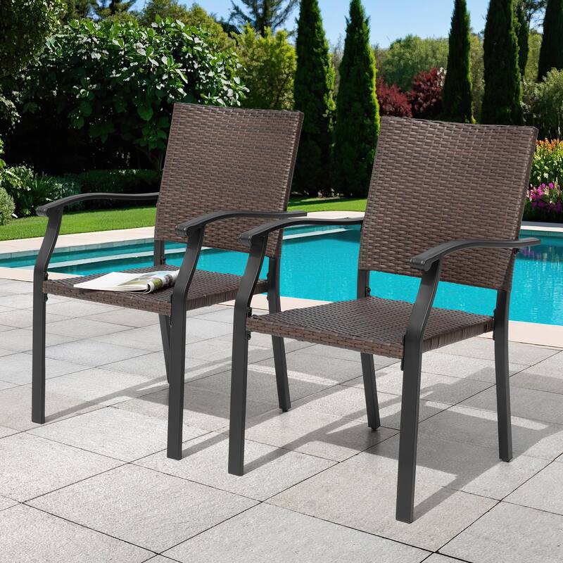 Outdoor Patio Iron Dining Chairs, All-Weather Wicker Material, Black