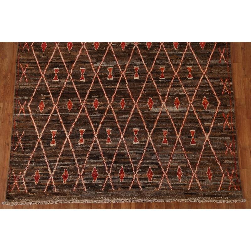 Hand Knotted Oriental 100% Wool Carpet Tribal Trellis Brown Moroccan Area Rug - 9' 11'' X 6' 8''