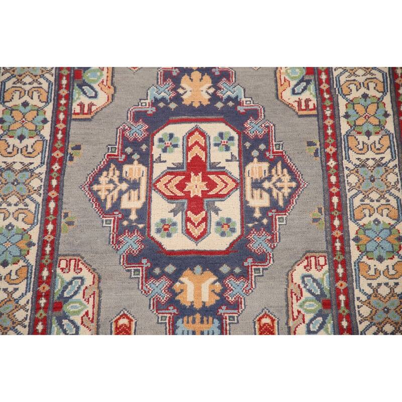 Geometric Kazak Oriental Rug Hand-Knotted Oriental Grey Wool Carpet - 3'6"x 4'10"