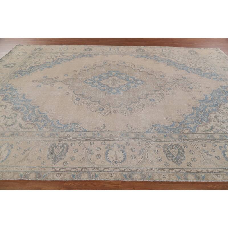 Hand Knotted Oriental 100% Wool Carpet Traditional Medallion Beige & Ivories Tabriz Area Rug - 12' 10'' X 9' 6''