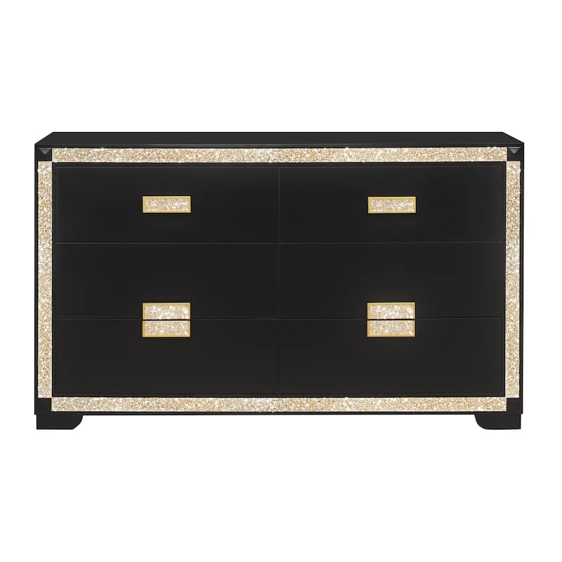 HomeRoots 62" Black And Gold Faux Crystal Bling Wood Six Drawer Double Dresser