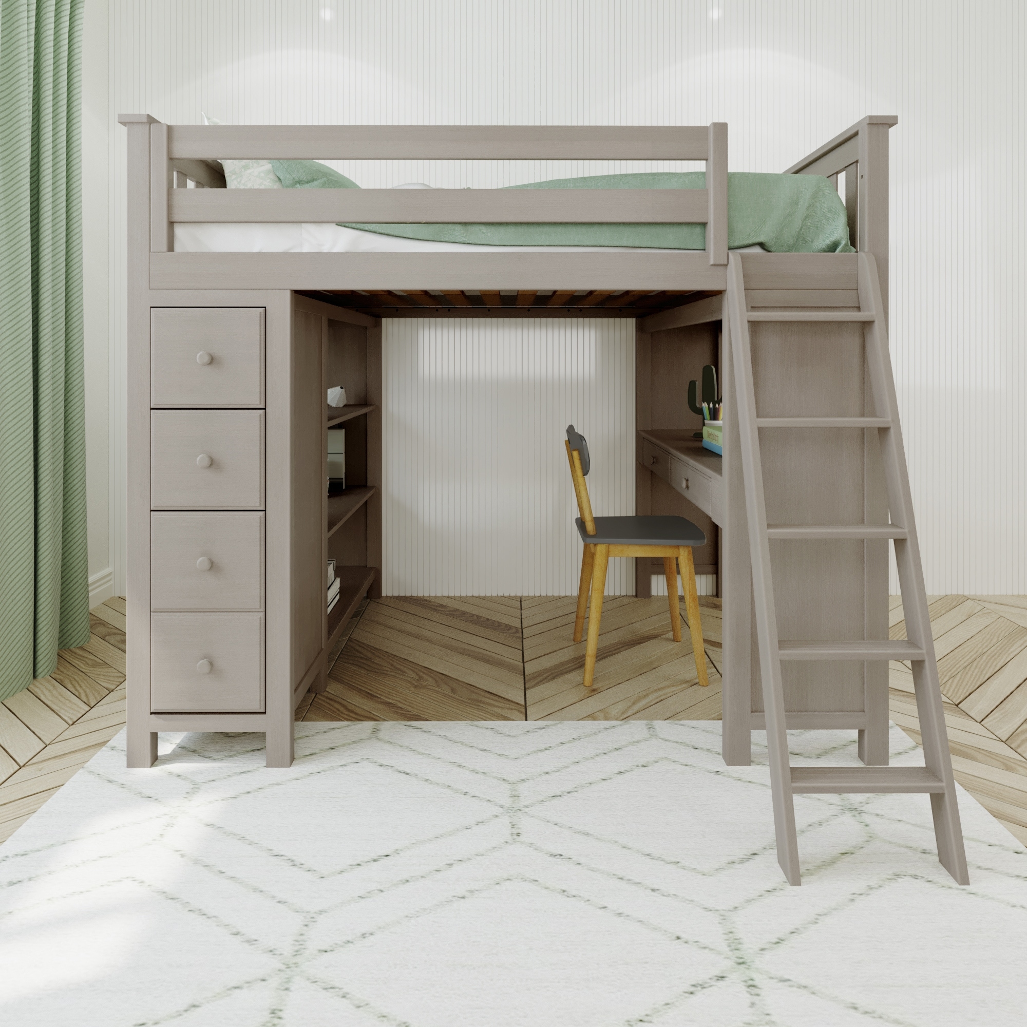 Beige loft bed with integrated desk and drawers on left, ladder on right, under-bed storage shelves