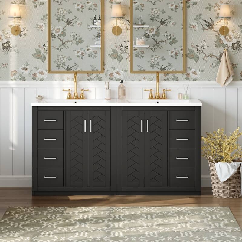 60'' Freestanding Bathroom Vanity Set with White Integrated Ceramic Sink - 60'' x 18.3'' x 34'' - Black