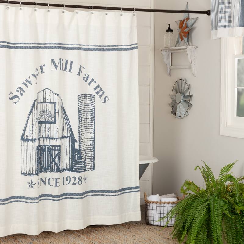 Sawyer Mill Blue Barn Shower Curtain 72x72 - Shower Curtain 72x72 - Soft White/Denim Blue