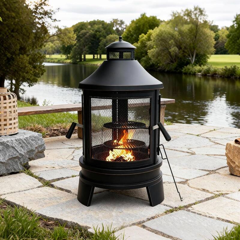 Kullavik Outdoor Metal Chiminea Wood Burning Fire Pit with 3 Door and Adjustable Grill