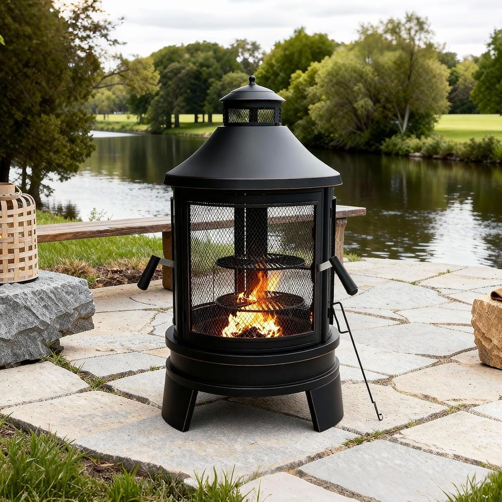 Kullavik Outdoor Metal Chiminea Wood Burning Fire Pit with 3 Door and Adjustable Grill