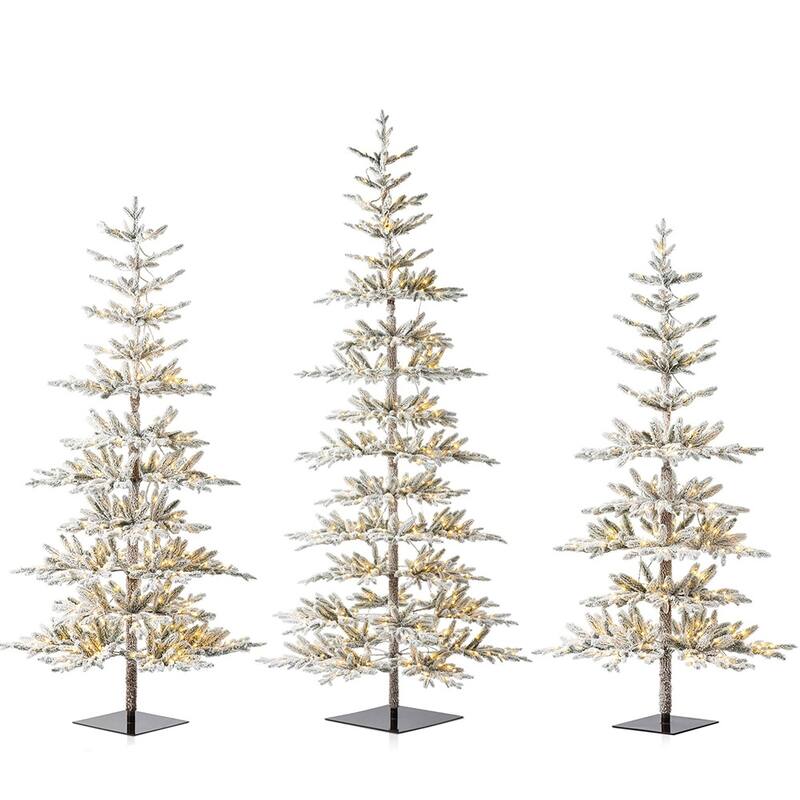 Glitzhome 6/7/9 FT Pre-Lit Flocked Slim Snowscape Fir Artificial Christmas Trees 2 or 3-Piece Set