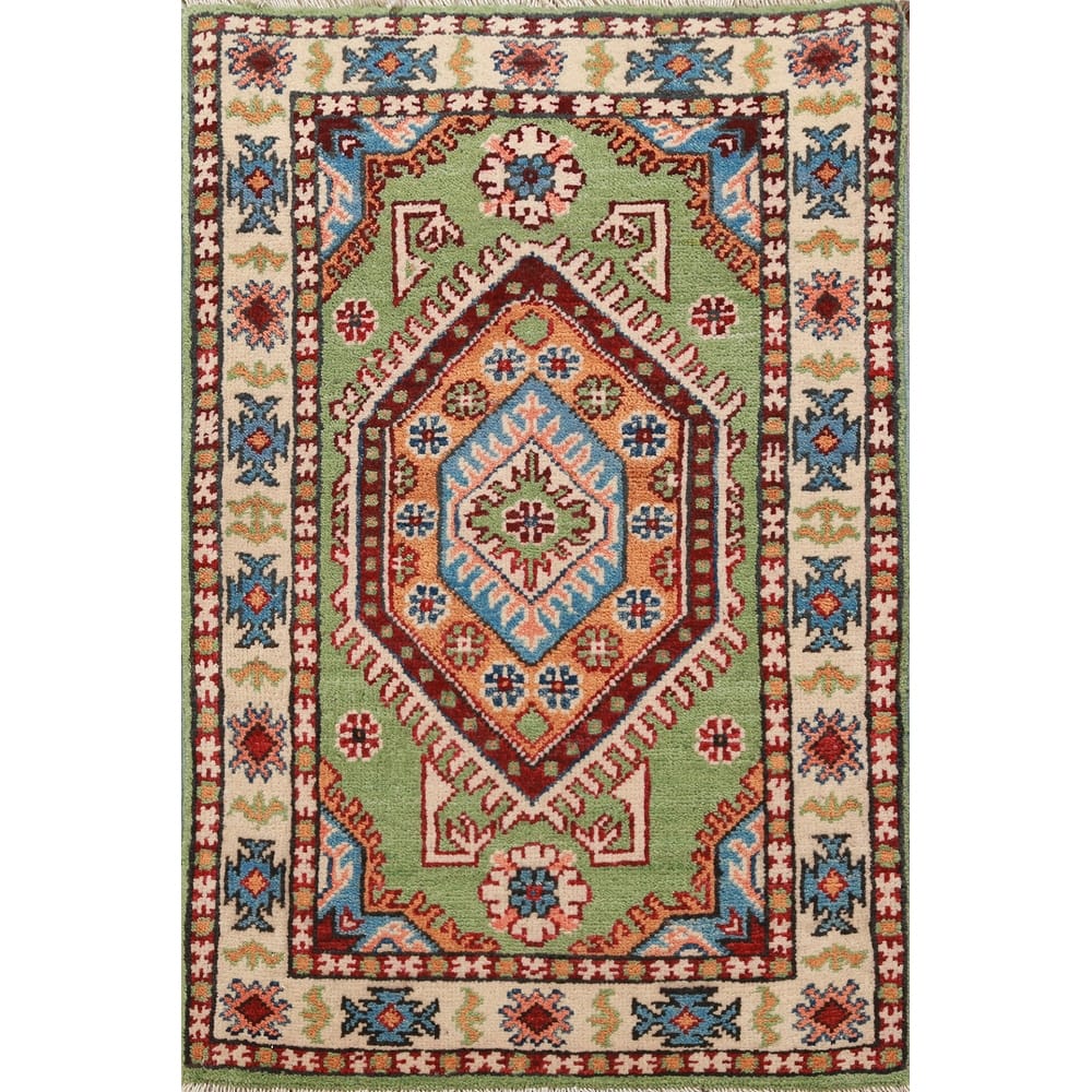Geometric Green Kazak Oriental Accent Foyer Rug Handmade Wool Carpet - 2'0"x 3'0"