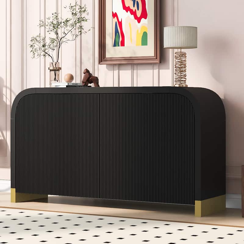 4-door Curved Corner Design Wavy Door Panel Cabinet with Adjustable Shelves, Suitable for Study, Living Room