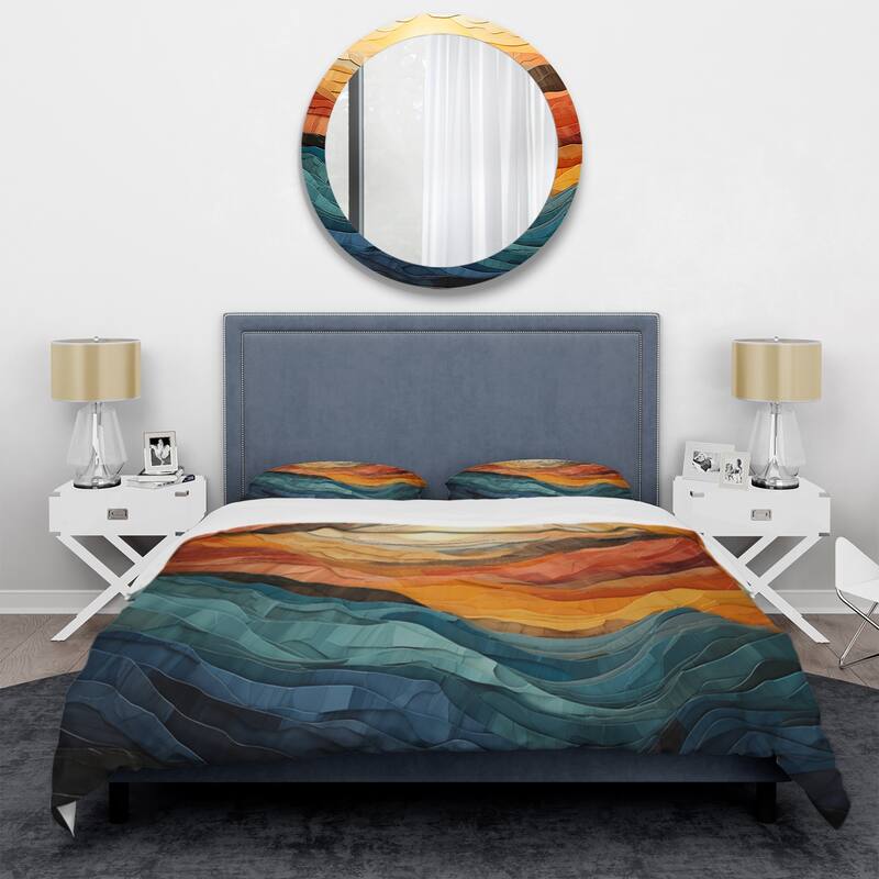 Designart "Coral Teal Bold Mountains Landscape" Coral Traditional - Bedding Set With Shams