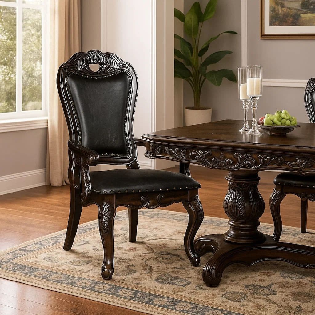 Ons 29 Inch Carved Dining Armchair, Set of 2, Brown Faux Leather