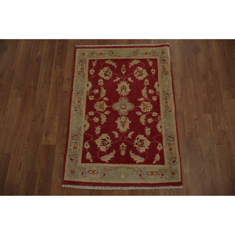 Hand Knotted Oriental 100% Wool Carpet Traditional Floral Red Peshawar Area Rug - 3' 0'' X 2' 2''