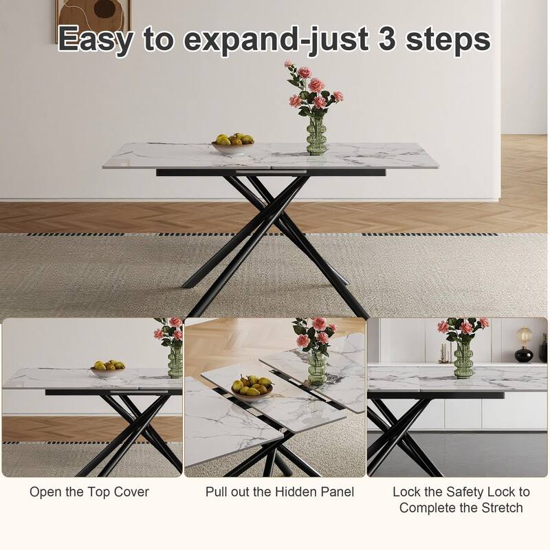 59-inch Modern rectangle Expandable Dining Table with Retractable Leaf, Sintered Stone Top & Black Carbon Steel X-Base