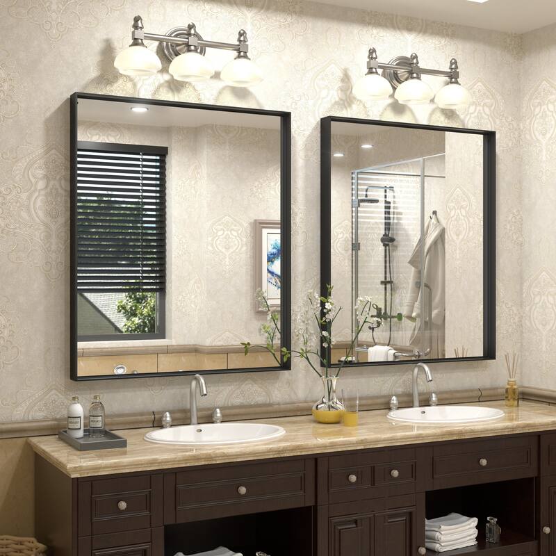 Full Size Metal Frame Wall Mirror Black Tempered Glass for Bathroom