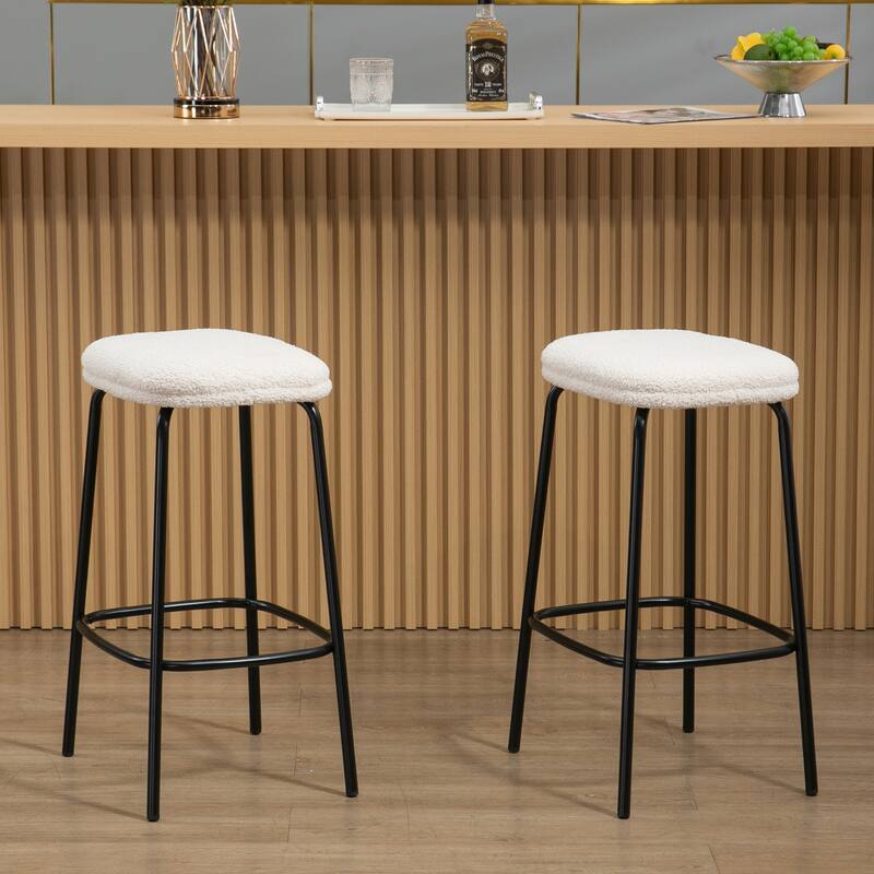 Set of 2 Ayana White Boucle Backless Counter Stool with Black Iron Legs