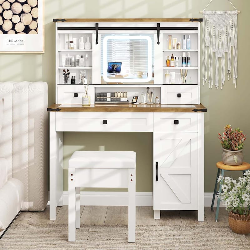 42'' Farmhouse Makeup Table & Stool Vanity Set w/ Mirror & Lights