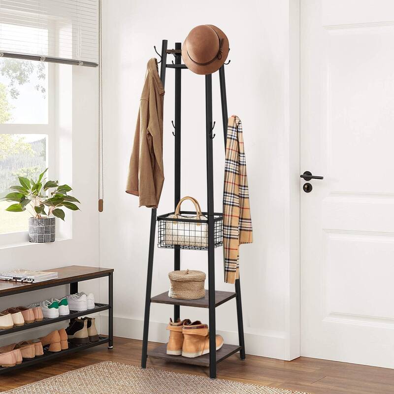 Javlergo Coat Rack with Deep Metal Basket, 2-tier Shelves & 8 Dual Hooks