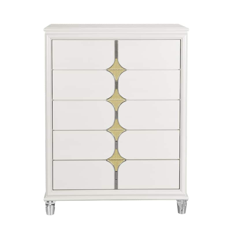 HomeRoots 37" White Wood With Gold Faux Crystal Bling Wood Five Drawer Dresser