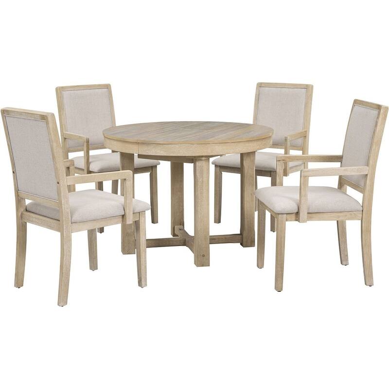 Wooden Round Drop Leaf Extendable Dining Table Set with 4 Upholstered Chairs