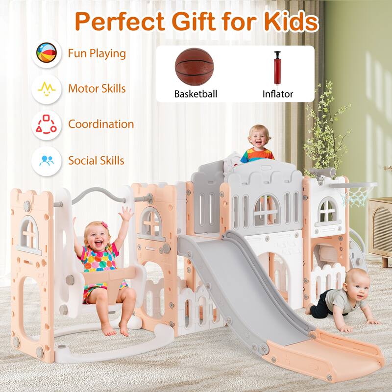 Gymax 10 in 1 Toddler Swing & Slide Set w/Basketball Hoop Telescope