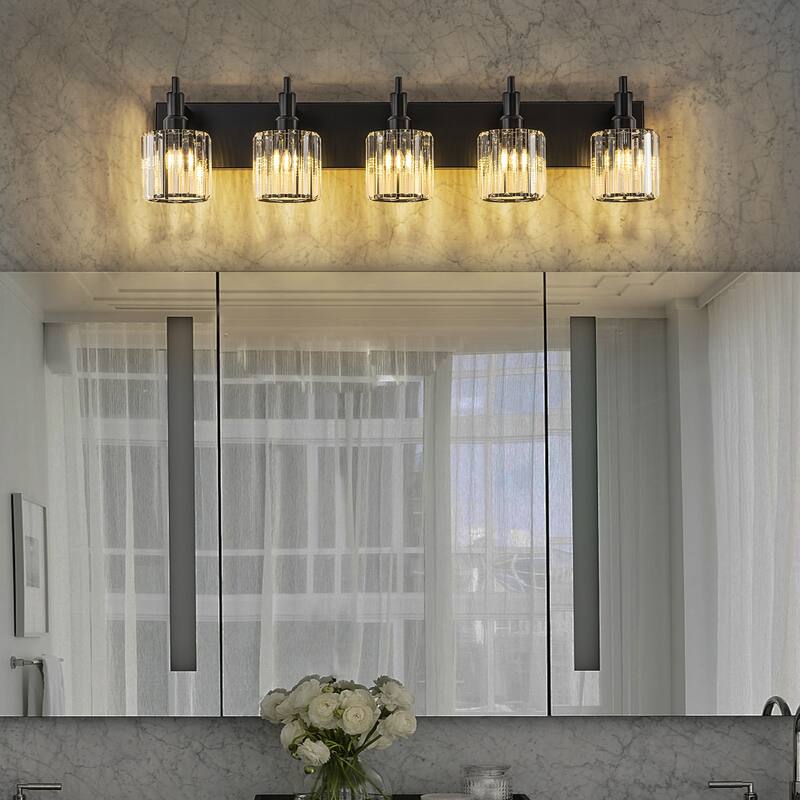 3/4/5-Light Modern Glam Dimmable Cylinder Crystal Wall Light Bathroom Vanity Light - 35.4 in. W 5-Light - Black
