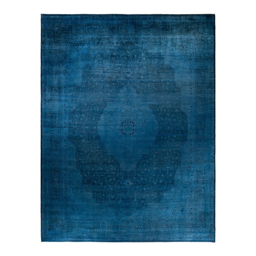 Overton Hand Knotted Wool Vintage Inspired Modern Contemporary Overdyed Blue Area Rug - 12' 3" x 15' 9"