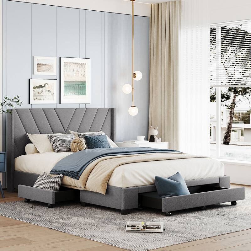 Storage Bed Linen Upholstered Platform Bed with 3 Drawers