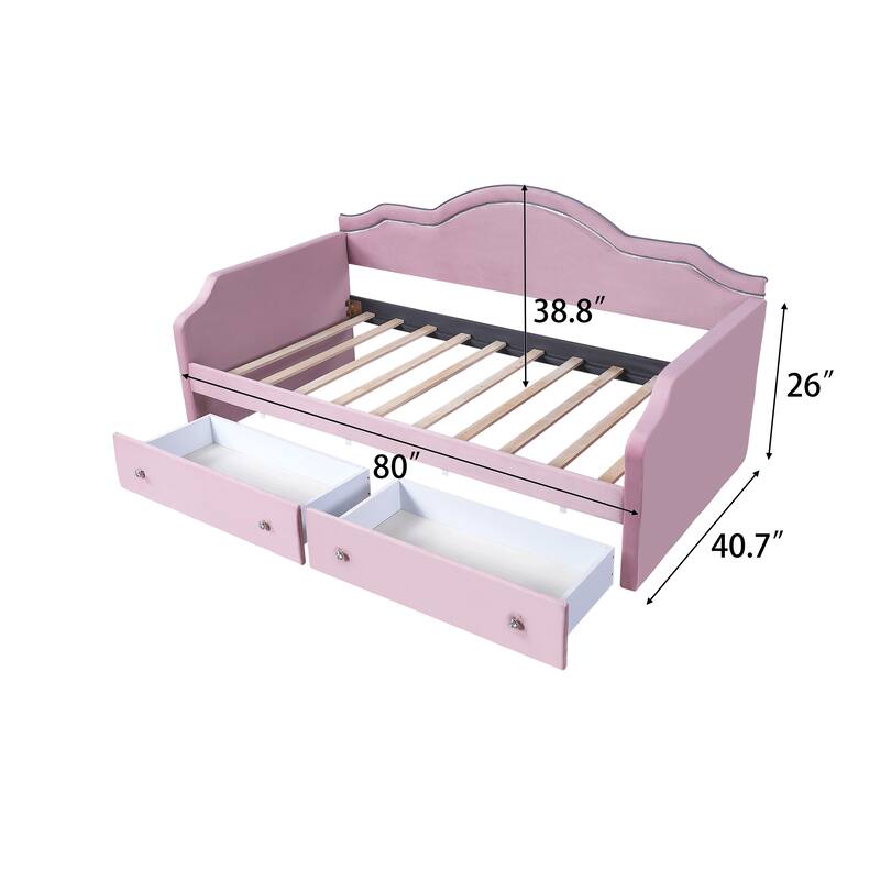 Pink Velvet Twin Upholstered Daybed with LED Lights and Storage Drawers