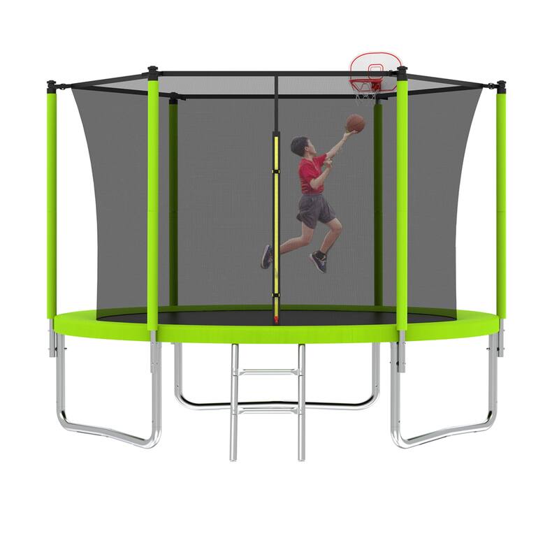 Kids Recreational Trampoline - Basketball Hoop, Safety Enclosure Net, Ladder, Backyard Use - Green - 120