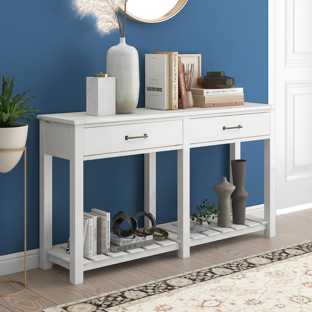 Classic Solid Console Table with 2 Drawers and Slatted Shelf, Entryway Table with Storage, Living Room, Hallway