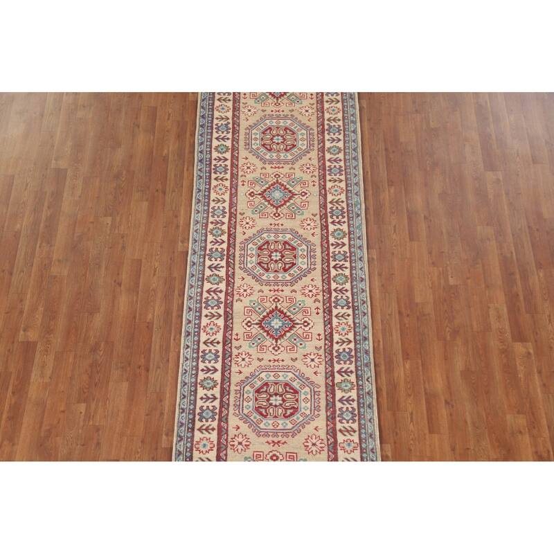 Hand Knotted Oriental 100% Wool Carpet Traditional Geometric Beige & Ivories Kazak Runner Rug - 12' 8'' X 2' 10''