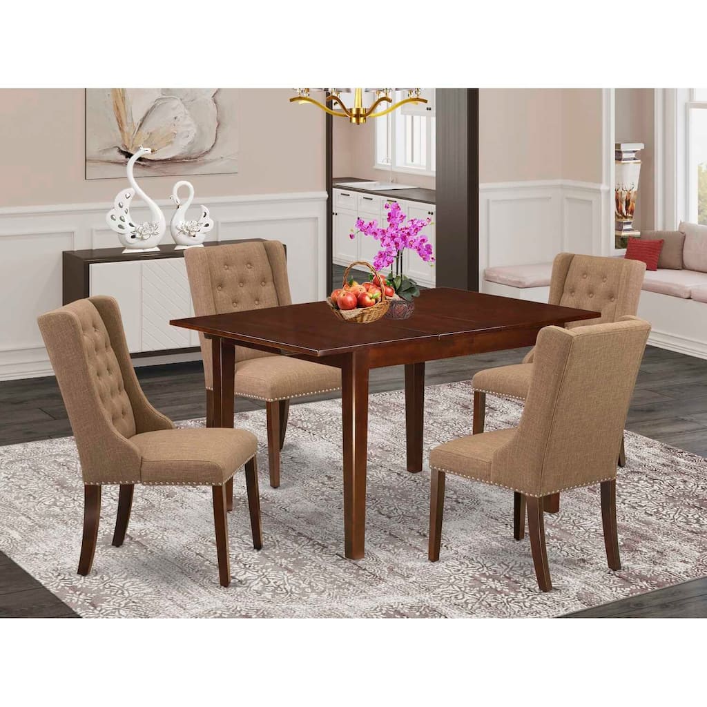 5-Piece Mahogany Finish Solid Wood Top - Rectangular Button Tufted Dining Room Set - Seats 4