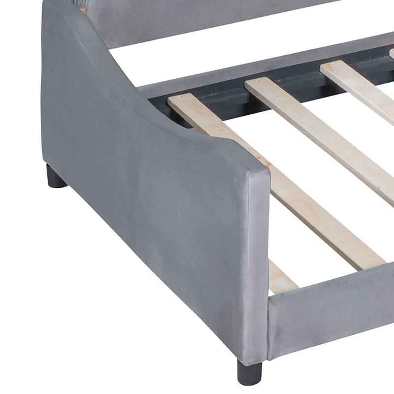 Stylish Lovely Twin Size Velvet Upholstered Platform Bed Frame with Unique Decorated Headboard