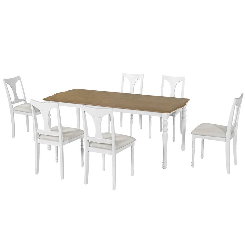 7-Piece Dining Table Set, Extendable Wood Dining Table with Removable Leaf, Kitchen Table Set with Upholstered Chair