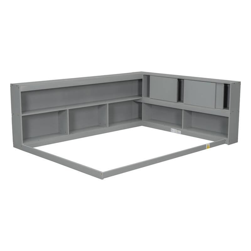 Full Floor Bed with L-shaped Bookcases, Sliding Doors Without Slats