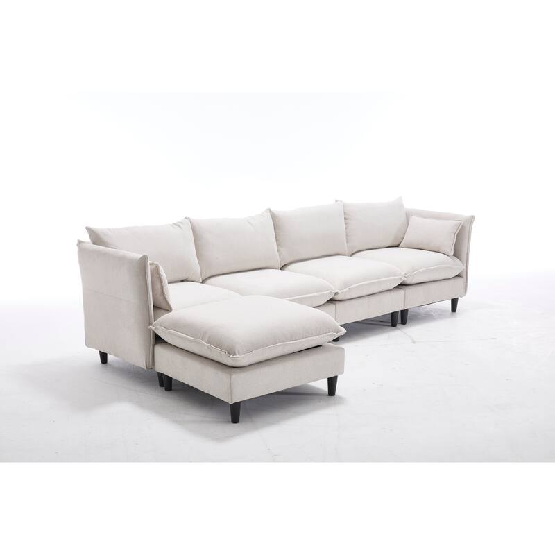 Modular 4-Seater L Shaped Sofa with Movable Ottoman, Beige