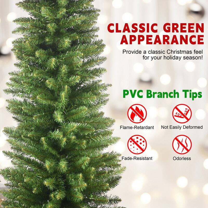 7FT Green Pencil Christmas Tree-Slim PVC Tree with 469 Tips, Space-Saving Design, Stable Metal Stand