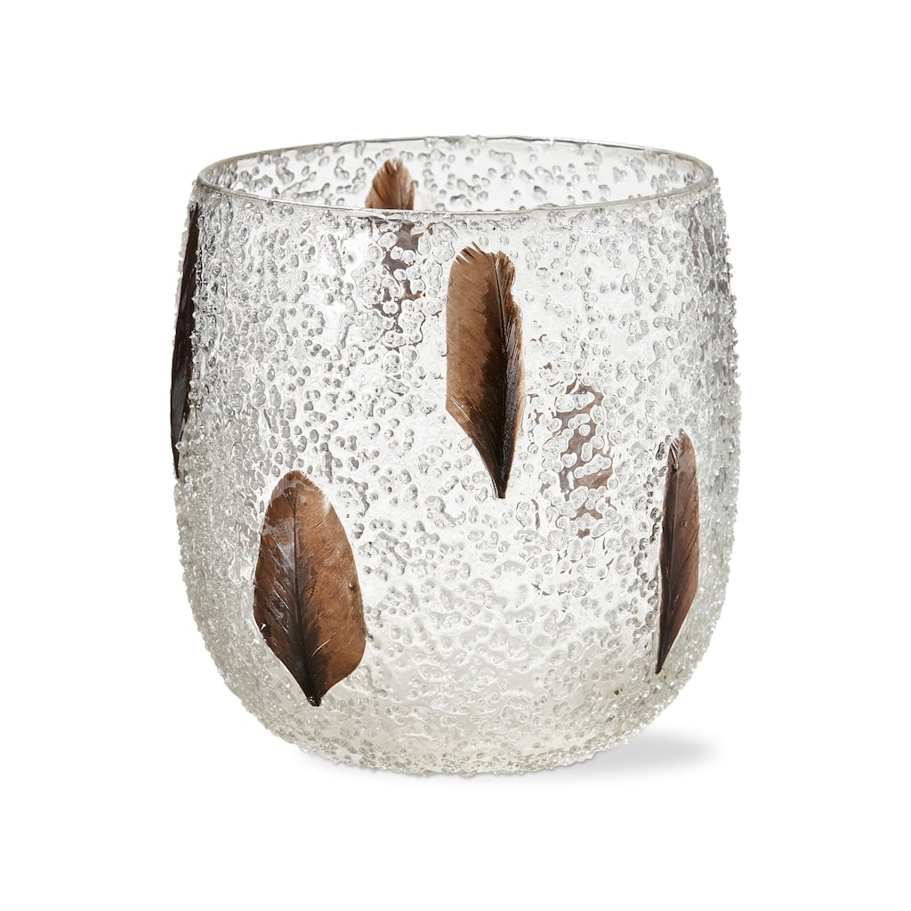 Bubble Glass Pillar Candle Holder with Embedded Feathers Hurricane, 5.9L x 5.9W x 6.3H inches
