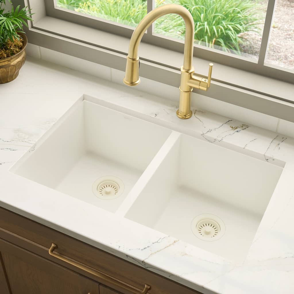 Ruvati 32 x 19 inch Granite Composite Undermount Double Bowl Kitchen Sink - Arctic White - RVG2388WH