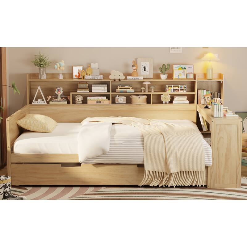 Full Size Daybed with Storage Shelves, Multi-Functional Bed with Twin Trundle and Built-In Study Desk, Space-Saving Design